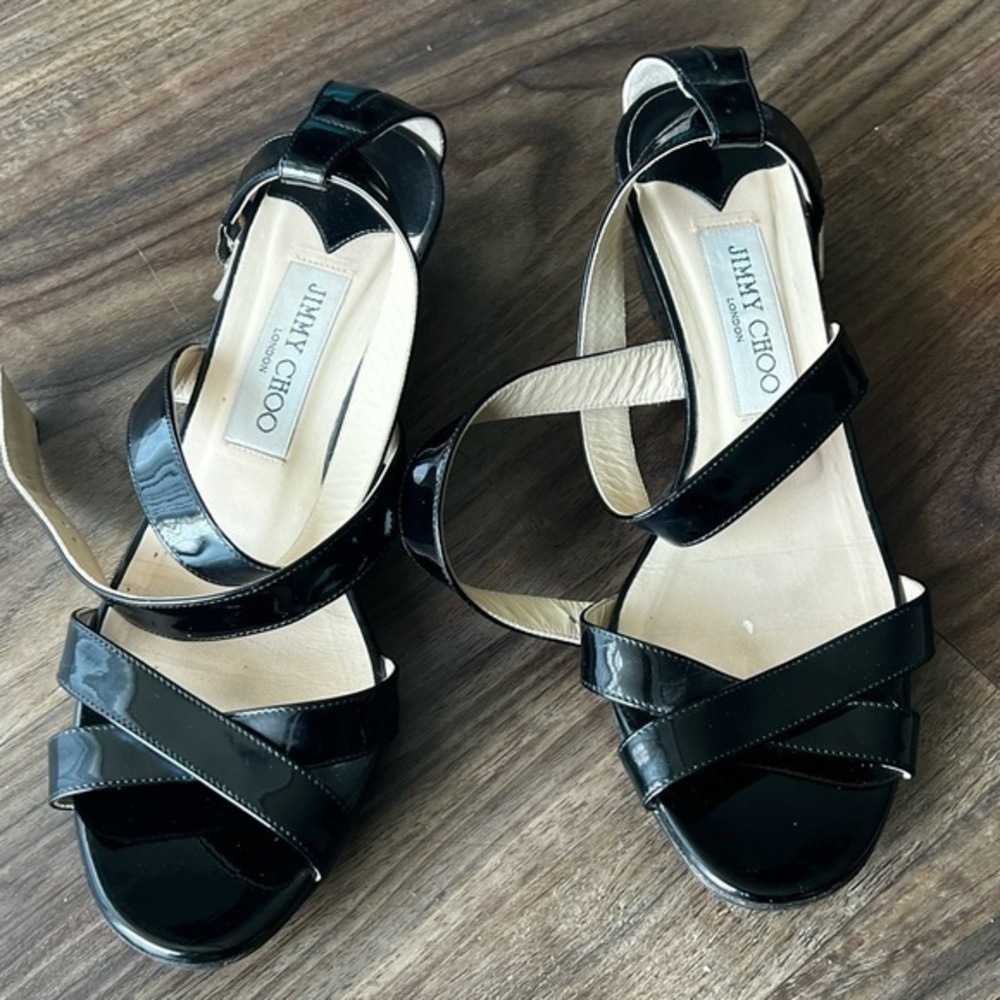 Jimmy Choo “Connor” Black Patent Leather Cross Strap Sandal. Made in Italy